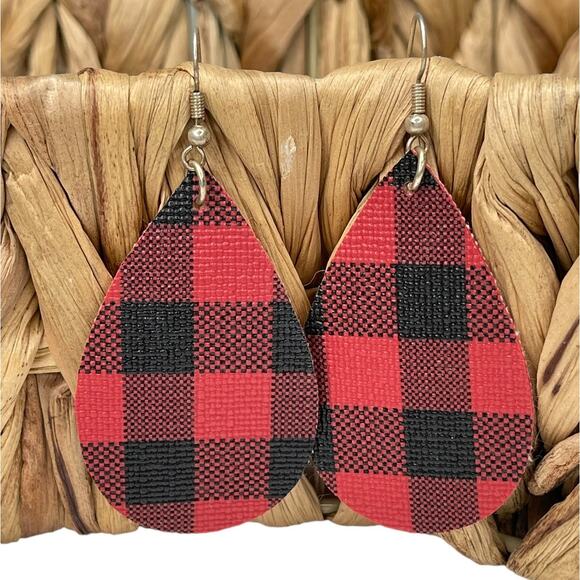 Faux Leather Teardrop Earrings Buffalo Plaid Red & Black and Black & White - Picture 2 of 6